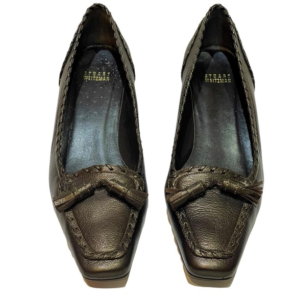STUART WEITZMAN PEWTER KITTEN HEEL SQUARE TOE LOAFERS SZ 10 M EUC - Picture 6 of 12